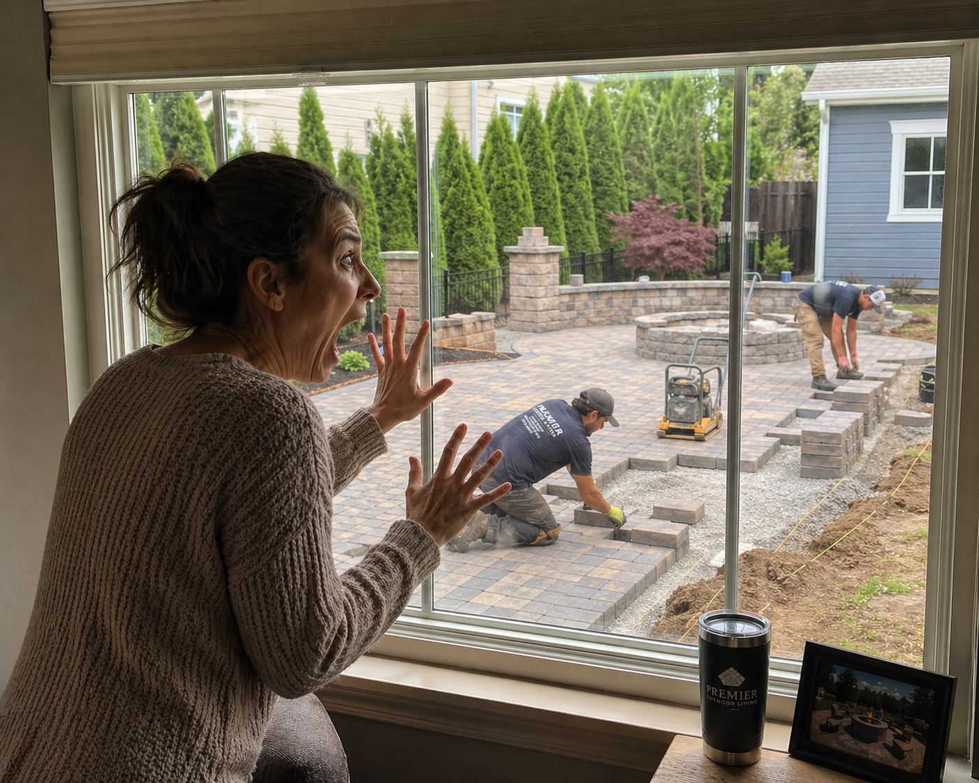 Homeowner watching subcontractors install a paver patio at her single-family home, illustrating the Illinois 60-day residential notice scenario