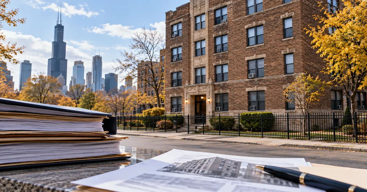 Brick courtyard apartment building on a Chicago street in autumn with the downtown skyline behind it, and a stack of court filings, a property survey, and a pen in the foreground, illustrating a court-supervised receivership sale of a Chicago multifamily property