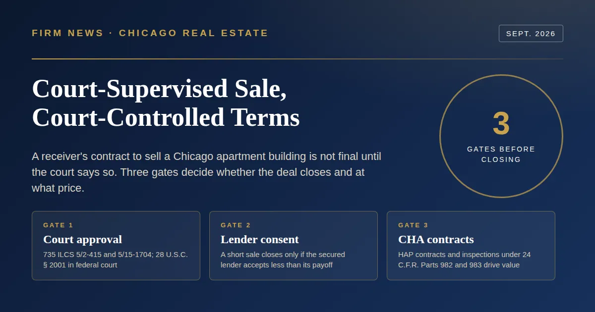 Infographic titled Court-Supervised Sale, Court-Controlled Terms, showing the three gates a Chicago receivership sale must pass before closing: court approval under 735 ILCS 5/2-415 and 5/15-1704, lender consent to a short sale, and Chicago Housing Authority HAP contracts under 24 C.F.R. Parts 982 and 983