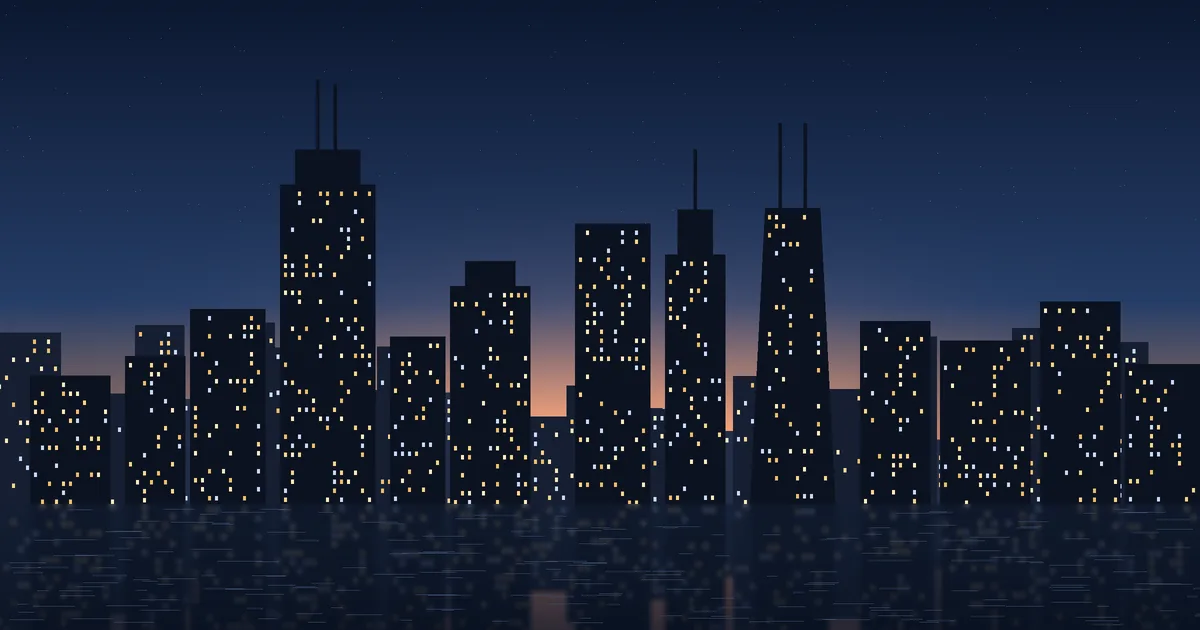 Illustrated Chicago skyline at dusk over Lake Michigan, with Loop office towers lit against the evening sky, for an article on Illinois mechanic lien law for suppliers and the 33 West Monroe receivership