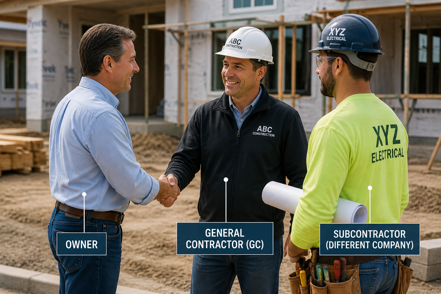 Illinois construction project with multiple tiers of contractors, illustrating how contract privity determines mechanic lien deadlines under 770 ILCS 60
