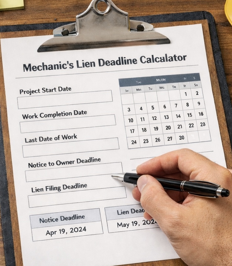 Mechanic's lien deadline calculator worksheet on clipboard surrounded by construction tools, hard hat, and blueprints