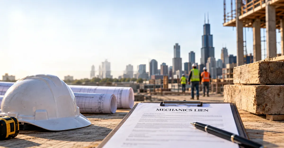 Mechanics lien claim on a clipboard beside a hard hat and rolled plans at a Chicago construction site, illustrating Illinois mechanics lien claims under Section 7 of the Mechanics Lien Act