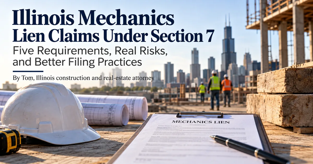 Mechanics lien claim on a clipboard beside a hard hat and rolled plans at a Chicago construction site, illustrating Illinois mechanics lien claims under Section 7 of the Mechanics Lien Act