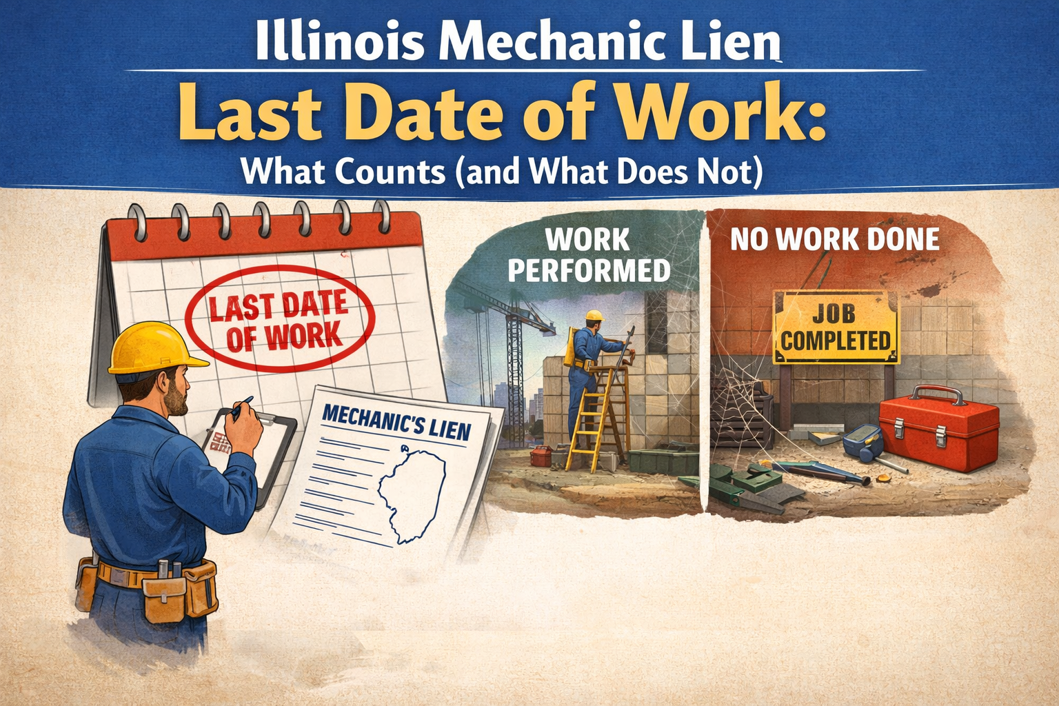 Construction worker on Illinois jobsite finishing punch-list items, illustrating the last-date-of-furnishing question under 770 ILCS 60/7