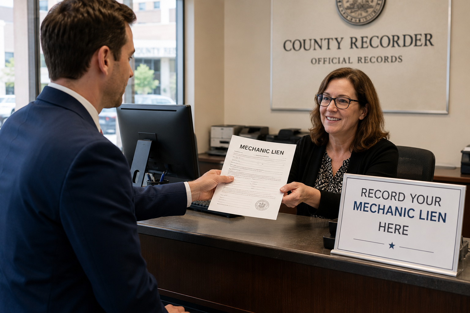 Construction attorney handing an Illinois mechanic lien claim to a county recorder's office clerk for recording under 770 ILCS 60