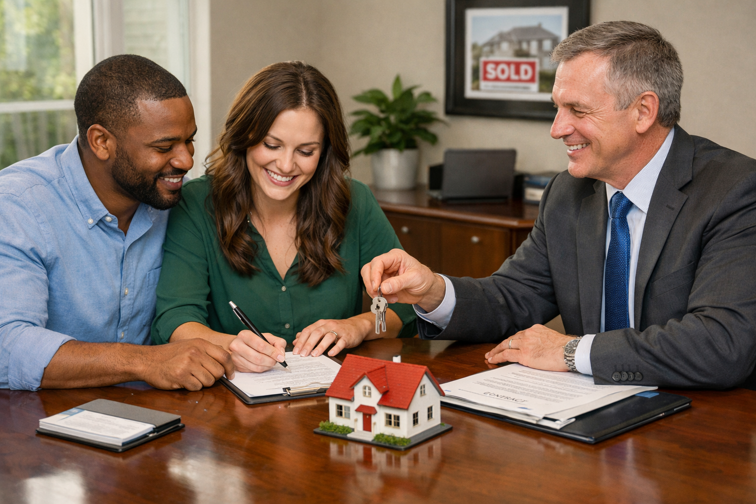 Real estate closing with title insurance documents and house keys