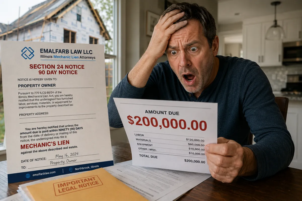 Illinois property owner reading a Section 24 mechanic lien notice delivered by certified mail with a $200,000 amount due