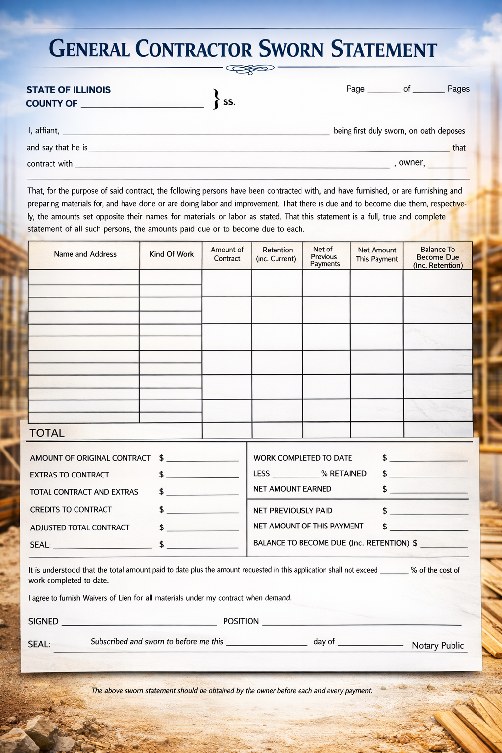 Illinois contractor sworn statement document on desk with construction blueprints and calculator