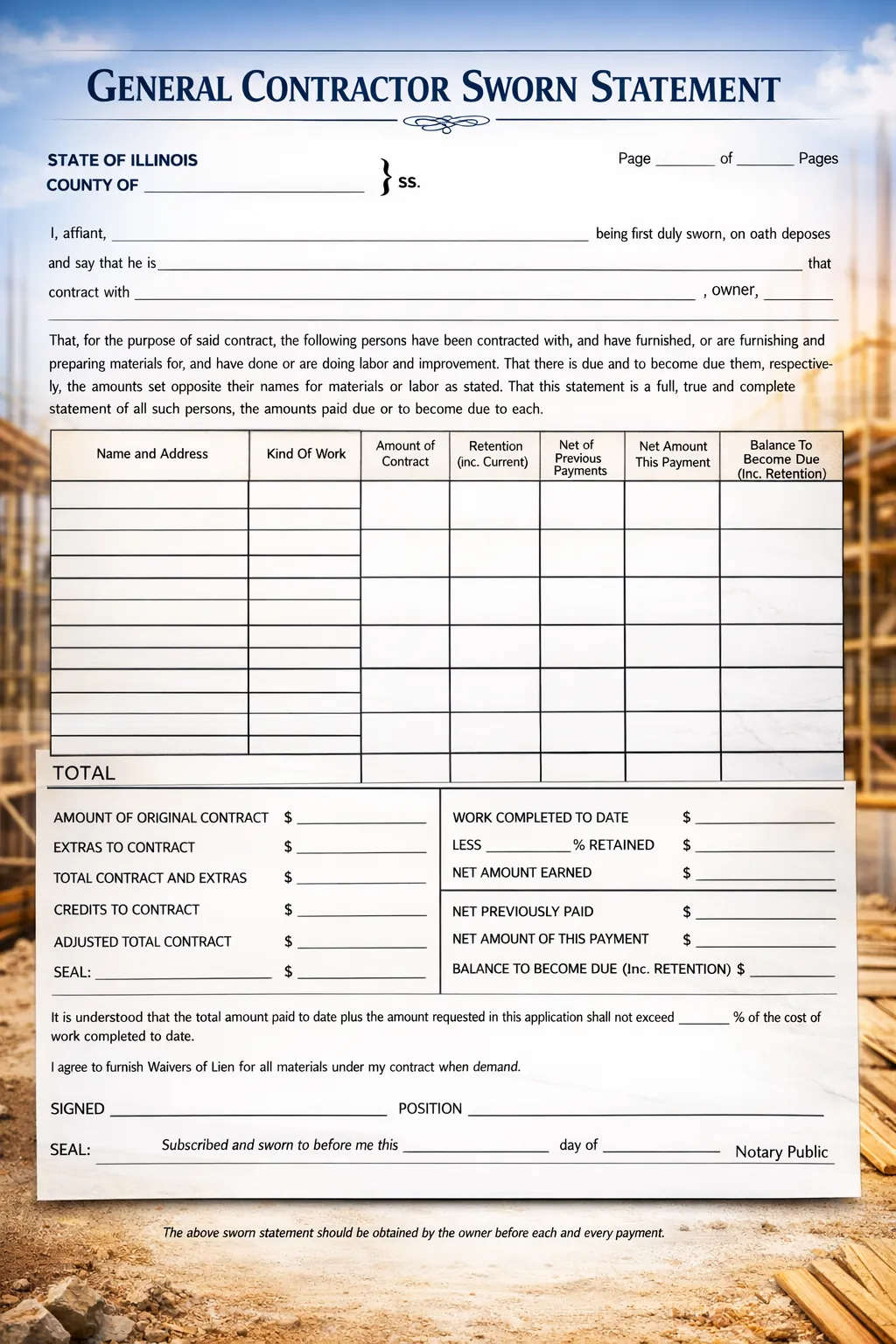 Illinois contractor sworn statement document on desk with construction blueprints and calculator