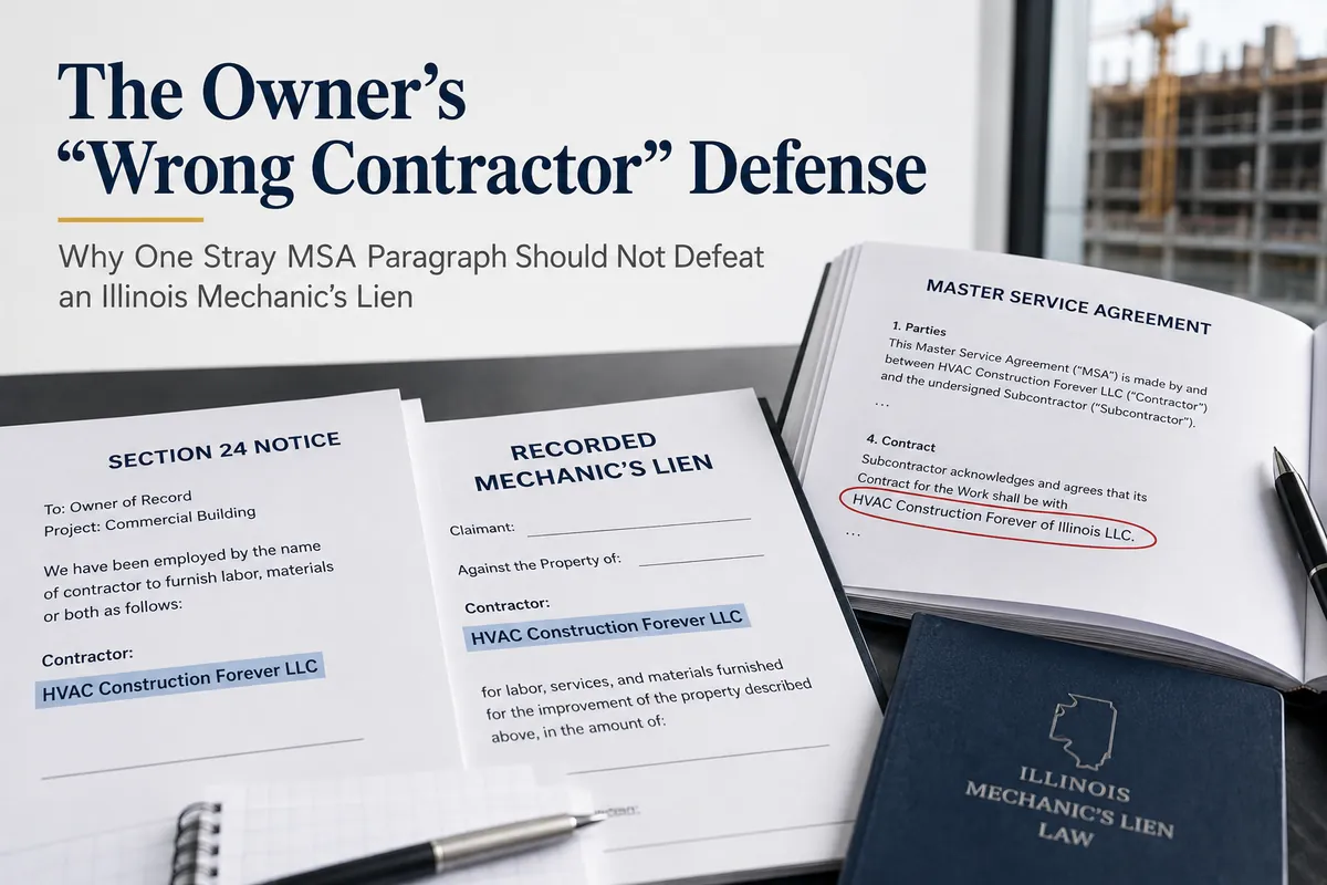 Illinois Section 24 notice and recorded mechanic's lien both naming HVAC Construction Forever LLC, beside a master service agreement paragraph circled in red naming HVAC Construction Forever of Illinois LLC and an Illinois Mechanic's Lien Law book